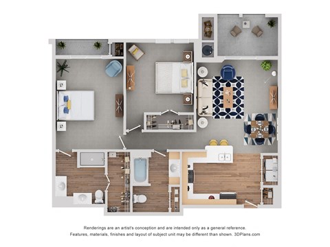 Floor plan for 2 beds, 2 baths, 1267 sqft